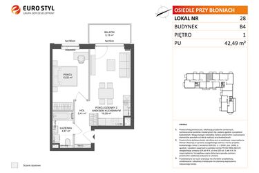 Rzut - Mieszkanie na sprzedaż 2 pokoje o powierzchni 42,49 m² - numer B4.28 w Osiedle Przy Błoniach 3 etap III