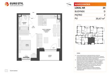 Rzut - Mieszkanie na sprzedaż 2 pokoje o powierzchni 39,47 m² - numer D.24 w Osiedle Warszawska etap II