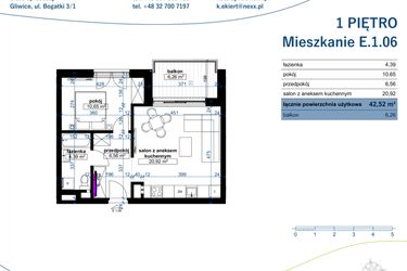 Rzut - Mieszkanie na sprzedaż 2 pokoje o powierzchni 42,52 m² - numer E.1.06 w Wzgórze Poetów 2