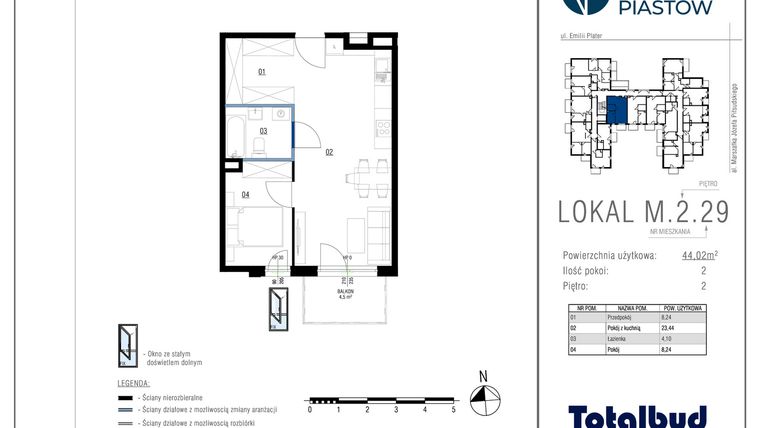 Rzut - Mieszkanie na sprzedaż 2 pokoje o powierzchni 44,02 m² - numer M.2.29 w Viva Piastów