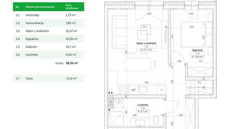 Rzut - Mieszkanie na sprzedaż 3 pokoje o powierzchni 58,36 m² - numer A3M5 w Nefrytowa Park