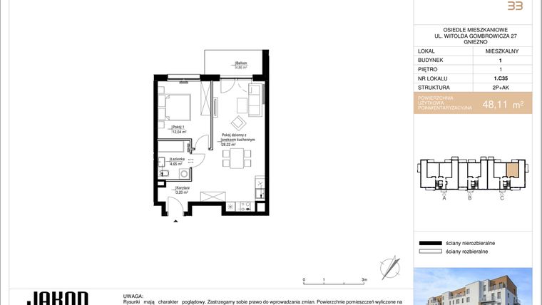 Rzut - Mieszkanie na sprzedaż 2 pokoje o powierzchni 48,11 m² - numer 1.C35 w Gombrowicza 33