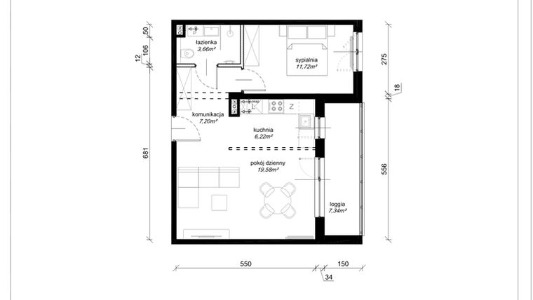 Rzut - Mieszkanie na sprzedaż 2 pokoje o powierzchni 48,38 m² - numer F.2.22.2k w Art.Teo etap 3