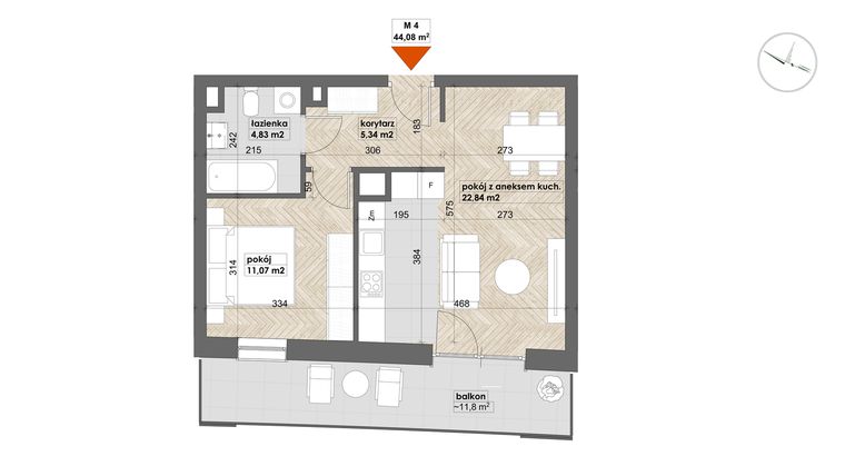 Rzut - Mieszkanie na sprzedaż 2 pokoje o powierzchni 44,08 m² - numer 4 w Apartamenty Śródmieście