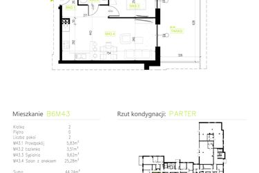 Rzut - Mieszkanie na sprzedaż 2 pokoje o powierzchni 44,24 m² - numer B6M43 w Osiedle Natura Park etap II