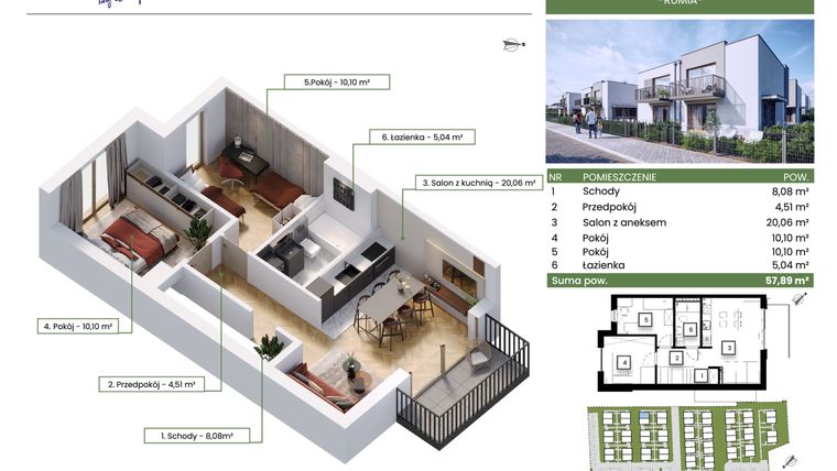 Rzut - Mieszkanie na sprzedaż 3 pokoje o powierzchni 57,89 m² - numer 13A w Rumia Osiedle Zielone Zacisze