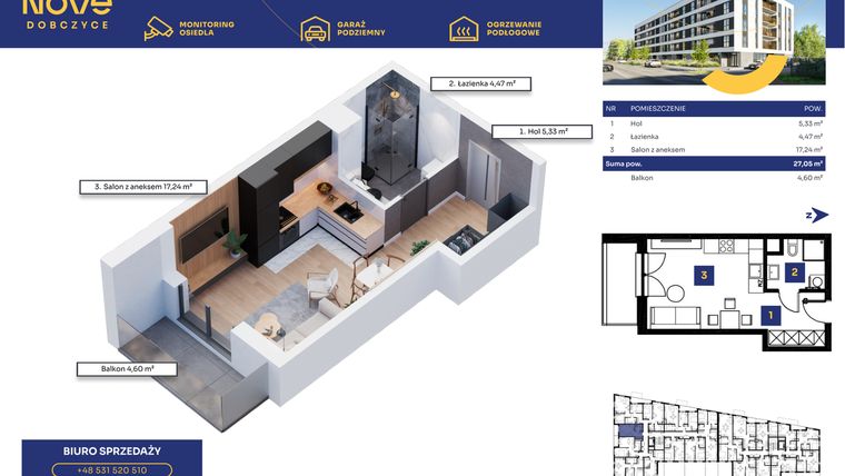 Rzut - Mieszkanie na sprzedaż 1 pokój o powierzchni 27,08 m² - numer M65 w Nove Dobczyce