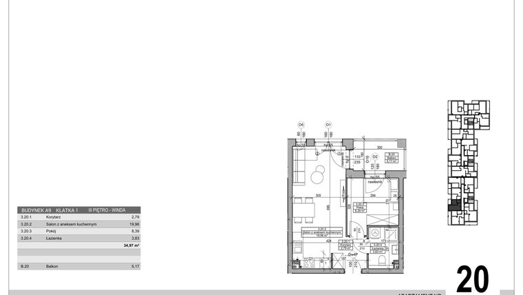 Rzut - Mieszkanie na sprzedaż 2 pokoje o powierzchni 34,97 m² - numer A.9.M.20 w Sobola Biel A9
