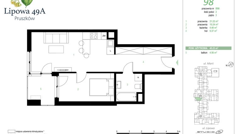 Rzut - Mieszkanie na sprzedaż 2 pokoje o powierzchni 45,23 m² - numer 98B w Lipowa 49A - Apartamenty inwestycyjne