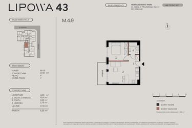 Rzut - Mieszkanie na sprzedaż 2 pokoje o powierzchni 37,51 m² - numer M.4.9 w Lipowa 43