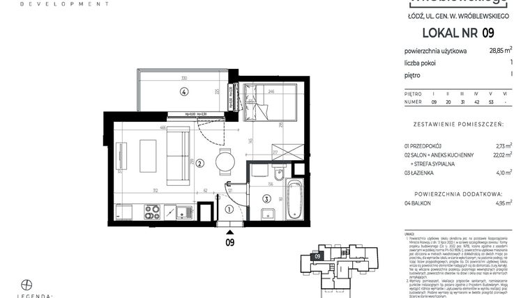 Rzut - Mieszkanie na sprzedaż 1 pokój o powierzchni 28,85 m² - numer A09 w Wróblewskiego