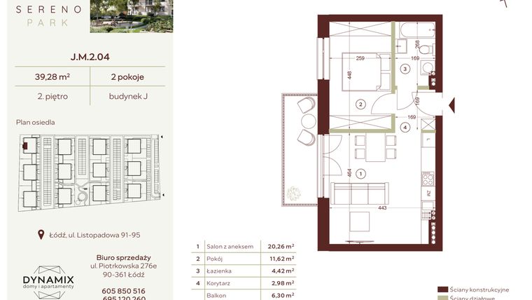 Rzut - Mieszkanie na sprzedaż 2 pokoje o powierzchni 39,28 m² - numer J.M.2.04 w Sereno Park