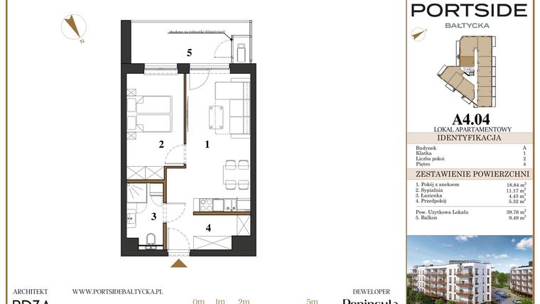 Rzut - Mieszkanie na sprzedaż 2 pokoje o powierzchni 39,76 m² - numer A4.04 w Portside Bałtycka