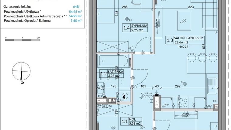 Rzut - Mieszkanie na sprzedaż 3 pokoje o powierzchni 54,95 m² - numer 64B w Osiedle Młodych etap X