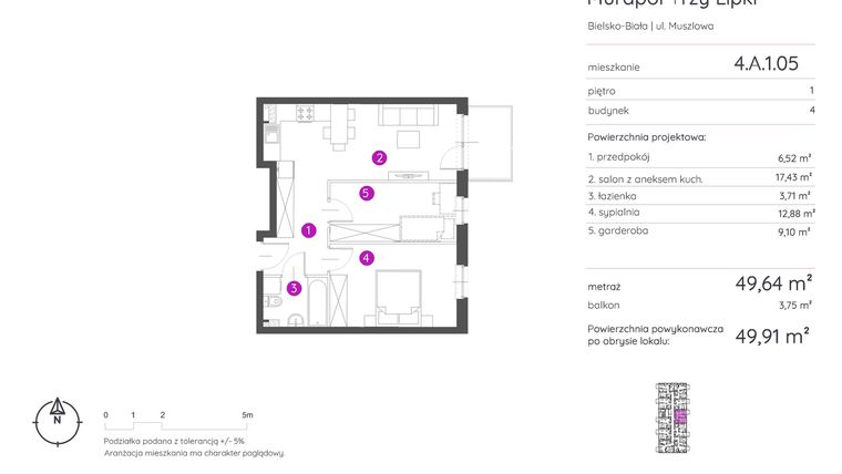 Rzut - Mieszkanie na sprzedaż 2 pokoje o powierzchni 49,91 m² - numer 4.A.1.05 w Murapol Trzy Lipki