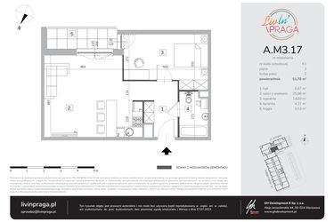 Rzut - Mieszkanie na sprzedaż 2 pokoje o powierzchni 51,7 m² - numer A.M3.17 w Livin' Praga