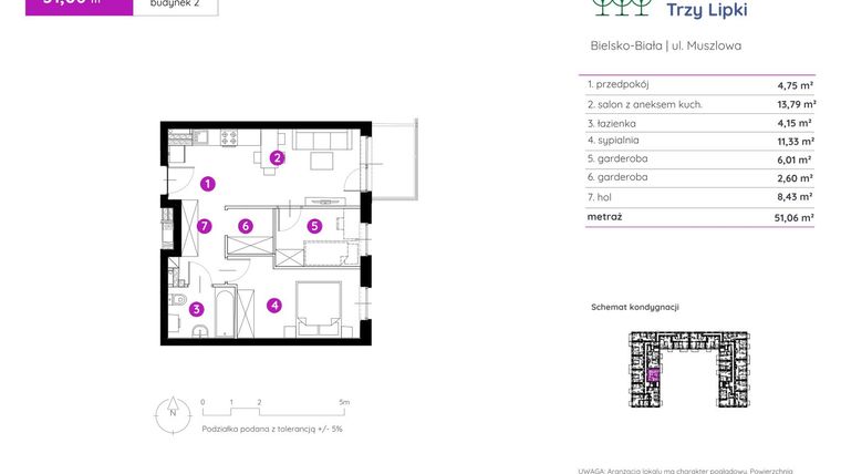 Rzut - Mieszkanie na sprzedaż 2 pokoje o powierzchni 51,06 m² - numer 2.A.3.11 w Murapol Trzy Lipki etap II