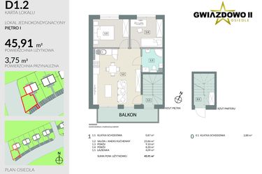 Rzut - Mieszkanie na sprzedaż 3 pokoje o powierzchni 49,66 m² - numer D1.2 w Gwiazdowo II