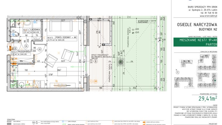 Rzut - Mieszkanie na sprzedaż 1 pokój o powierzchni 29,41 m² - numer N2.67 w Osiedle Narcyzowe etap 2