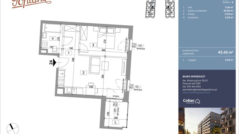 Rzut - Mieszkanie na sprzedaż 2 pokoje o powierzchni 43,42 m² - numer F24 w Goplana budynek F