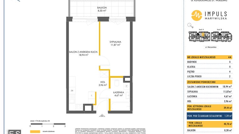 Rzut - Mieszkanie na sprzedaż 2 pokoje o powierzchni 40,78 m² - numer A/44 w Impuls Marywilska