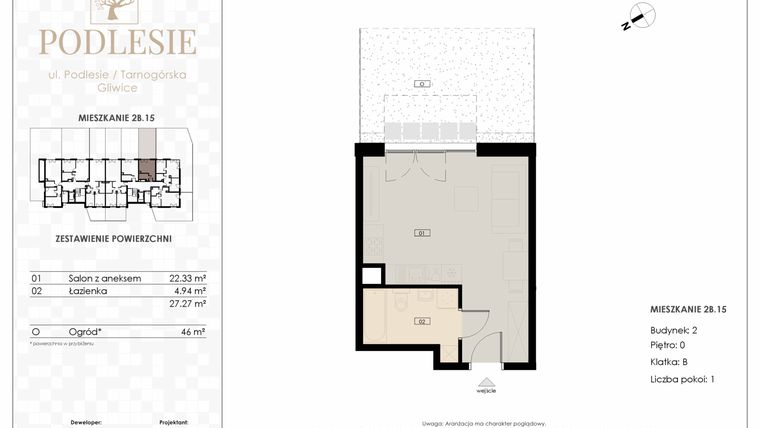 Rzut - Mieszkanie na sprzedaż 1 pokój o powierzchni 27,27 m² - numer 2B.15 w Podlesie