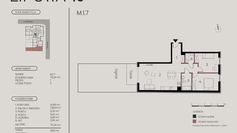 Rzut - Mieszkanie na sprzedaż 3 pokoje o powierzchni 75,24 m² - numer M.1.7 w Lipowa 43