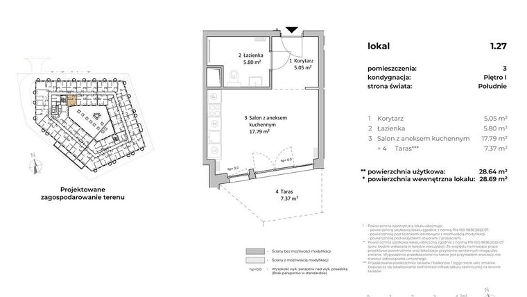 Rzut - Mieszkanie na sprzedaż 1 pokój o powierzchni 28,82 m² - numer 1.27 w OVAL SKY