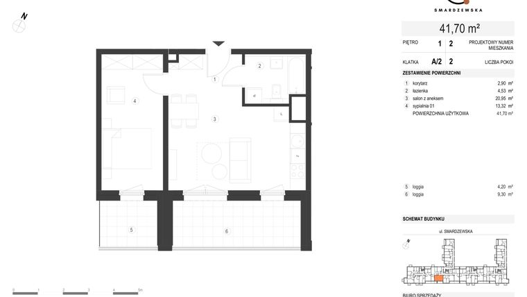 Rzut - Mieszkanie na sprzedaż 2 pokoje o powierzchni 41,7 m² - numer A/2/1.2 w Smardzewska 8