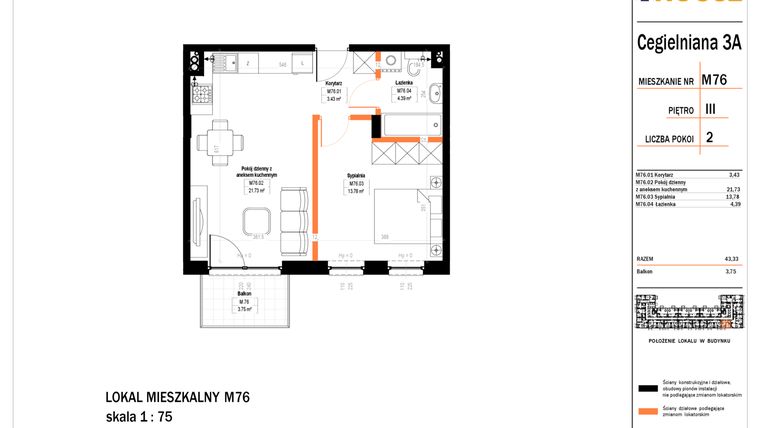 Rzut - Mieszkanie na sprzedaż 2 pokoje o powierzchni 43,33 m² - numer 76 w Osiedle StaLove etap II