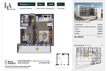 Rzut - Mieszkanie na sprzedaż 2 pokoje o powierzchni 54,35 m² - numer M2.4 w La Vie Art