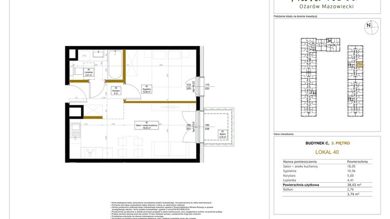 Rzut - Mieszkanie na sprzedaż 2 pokoje o powierzchni 38,02 m² - numer 40 w Aura Nova etap II