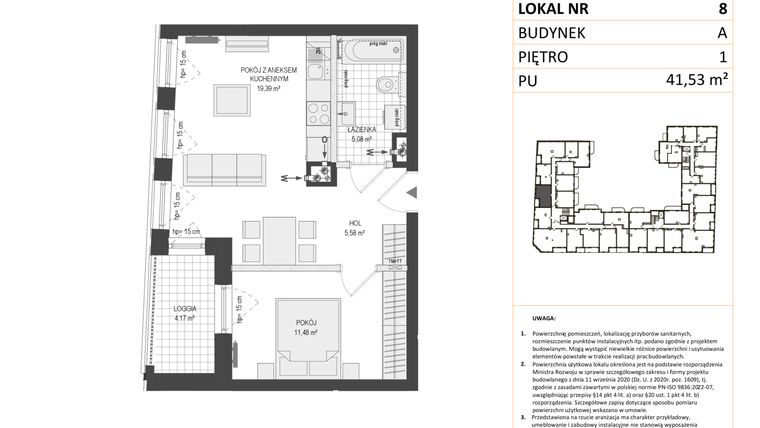 Rzut - Mieszkanie na sprzedaż 2 pokoje o powierzchni 41,53 m² - numer A.8 w Esencja