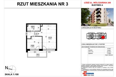 Rzut - Mieszkanie na sprzedaż 2 pokoje o powierzchni 44,47 m² - numer A.3 w Wólczańska 248 - etap II
