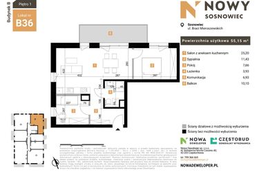Rzut - Mieszkanie na sprzedaż 3 pokoje o powierzchni 55,15 m² - numer 36 w Nowy Sosnowiec