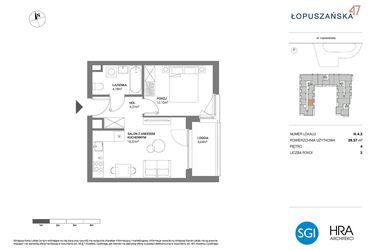 Rzut - Mieszkanie na sprzedaż 2 pokoje o powierzchni 39,57 m² - numer H.4.3 w Łopuszańska 47 - etap 3