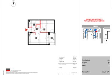 Rzut - Mieszkanie na sprzedaż 2 pokoje o powierzchni 37,6 m² - numer D.3 w Skrajna 9 bud. D