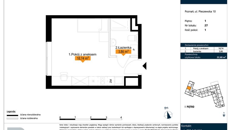 Rzut - Mieszkanie na sprzedaż 1 pokój o powierzchni 22,6 m² - numer B.1.27 w ŁACINA SPOT - apartamenty inwestycyjne