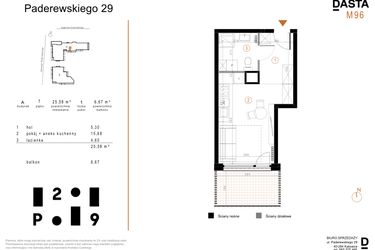 Rzut - Mieszkanie na sprzedaż 1 pokój o powierzchni 25,58 m² - numer A96 w Paderewskiego 29