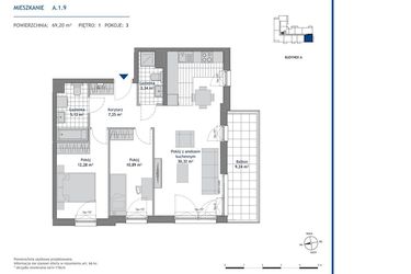 Rzut - Mieszkanie na sprzedaż 3 pokoje o powierzchni 69,2 m² - numer A.1.9 w Linea bud. A