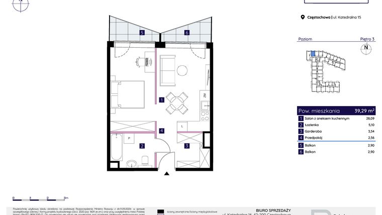 Rzut - Mieszkanie na sprzedaż 1 pokój o powierzchni 39,29 m² - numer 15/64 w Osiedle Neonowe