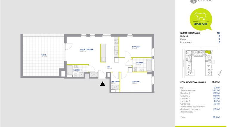 Rzut - Mieszkanie na sprzedaż 3 pokoje o powierzchni 75,09 m² - numer G/116 w Ursa Sky II