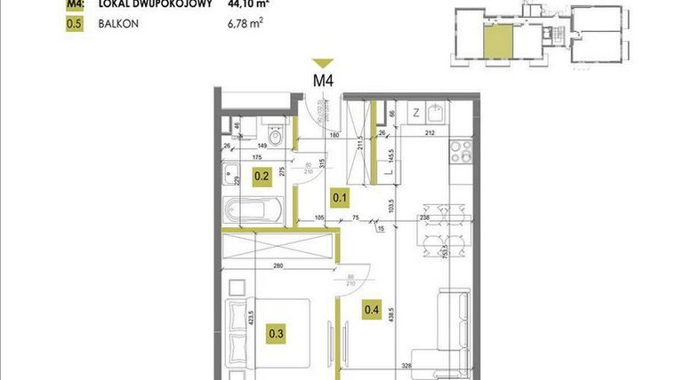 Rzut - Mieszkanie na sprzedaż 2 pokoje o powierzchni 44,1 m² - numer M4 w Mazowiecka 69