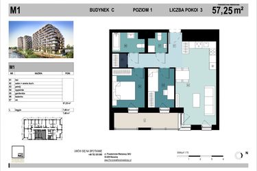 Rzut - Mieszkanie na sprzedaż 3 pokoje o powierzchni 57,25 m² - numer C1 w Panorama Kwiatkowskiego