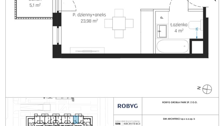 Rzut - Mieszkanie na sprzedaż 1 pokój o powierzchni 29,12 m² - numer J.1M22 w Nadmotławie Apartments etap J