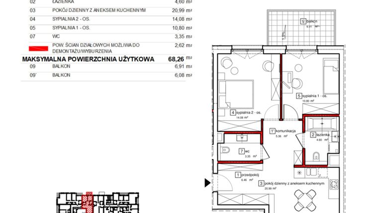 Rzut - Mieszkanie na sprzedaż 3 pokoje o powierzchni 68,26 m² - numer B3.A.1.022 w Apartamenty Karolinki
