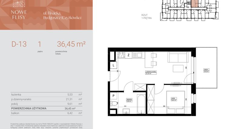 Rzut - Mieszkanie na sprzedaż 2 pokoje o powierzchni 36,45 m² - numer M13_NF.d w Nowe Flisy II