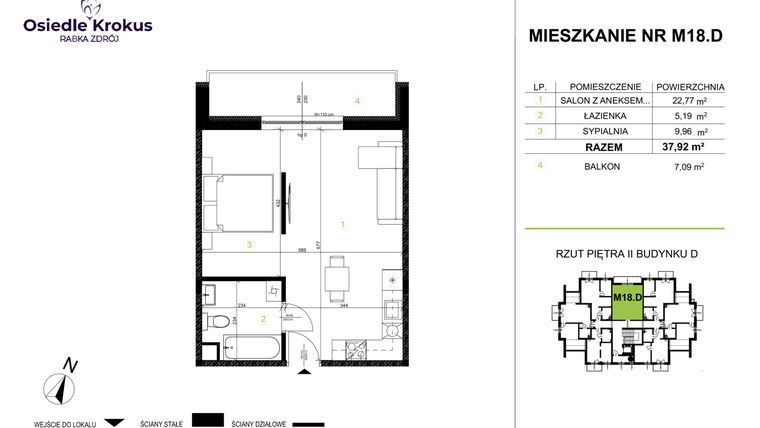 Rzut - Mieszkanie na sprzedaż 1 pokój o powierzchni 37,76 m² - numer M18.D w Osiedle Krokus etap IV