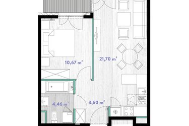 Rzut - Mieszkanie na sprzedaż 2 pokoje o powierzchni 40,43 m² - numer A.03.11 w Do Wilgi
