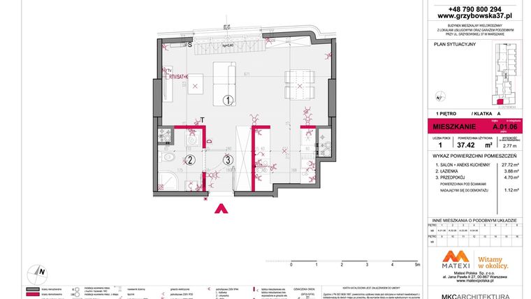 Rzut - Mieszkanie na sprzedaż 1 pokój o powierzchni 37,34 m² - numer A.01.06 w Grzybowska 37